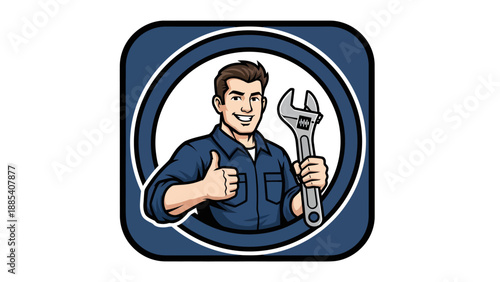 Smiling Mechanic with Wrench Giving Thumbs Up in Circular Frame.