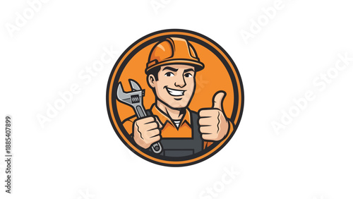 Smiling Mechanic with Wrench Giving Thumbs Up in Circular Frame.