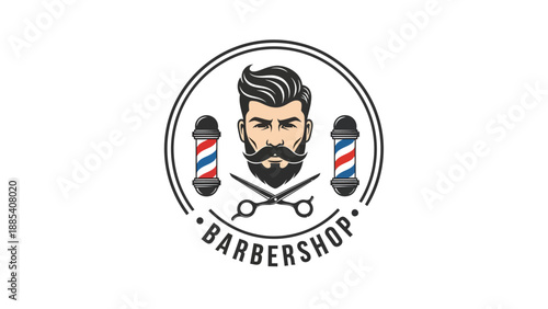 Vintage Barbershop Logo with Stylish Man and Barber Poles.