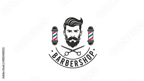 Vintage Barbershop Logo with Stylish Man and Barber Poles.