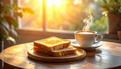 Toast bread and a cappuccino on a table, simple breakfast concept captured with warm lighting and realistic detail, conveying comfort, routine, and a cozy morning café atmosphere.