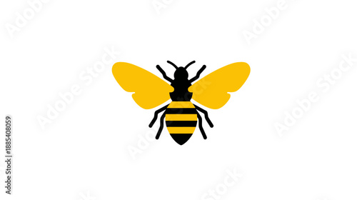 A cartoon-styled insect, depicted with yellow wings and a striped body, set against a white background