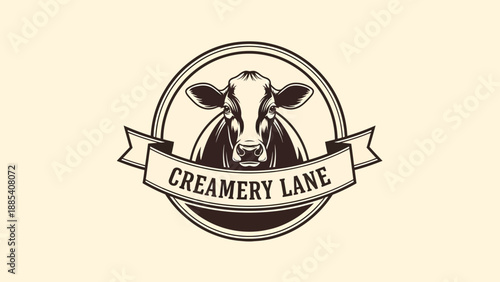Vintage Creamery Lane Cow Emblem Logo Design.