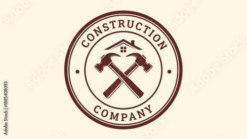 Vintage Construction Company Logo with Crossed Hammers and House Icon.