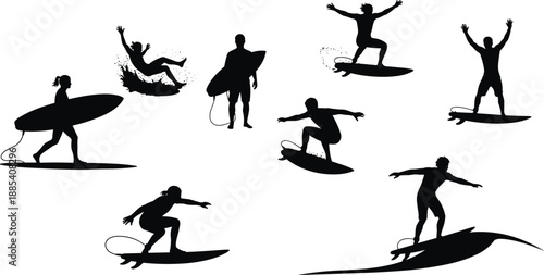Surfing action silhouette set, surfers riding waves and jumping spray, extreme ocean sport scenes, beach adventure lifestyle, isolated black vector illustration