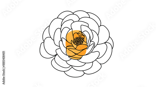 Floral design with layered petals outlined in black, a central orange and yellow flower head
