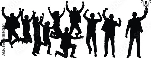 Business team celebration silhouette, corporate success winners holding trophy, group victory poses, achievement and teamwork concept, isolated black vector illustration