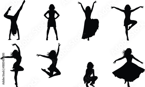 Female dance silhouette set, expressive dancer poses, ballet contemporary jazz movements, dynamic motion figures, isolated black vector illustration collection