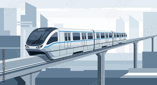 Monorail Train Moving Through a Modern Urban City Landscape