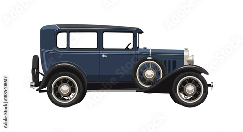 Classic dark blue vintage automobile with spare tire