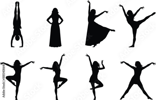 Dance silhouette collection, female dancer poses, ballet contemporary jazz movements, graceful motion figures, isolated black vector illustration set art design