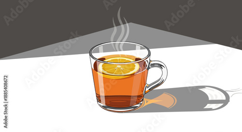 A steaming mug of hot lemon tea sits on a table.