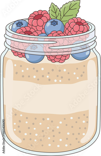 Hand Drawn Minimalist Illustration of Healthy Overnight Oats in a Glass Jar Topped with Raspberries and Blueberries for Vegan Breakfast and Wellness Decor