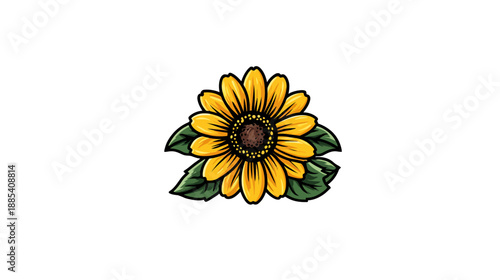 A vibrant yellow sunflower illustration with green leaves against a pristine white background