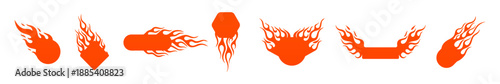 Orange flame stickers set. flame text frame for racing. fire borders for hot racing. tribal flame elements, racing decals. vector illustration collection