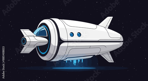 Futuristic white spaceship flying in starry space