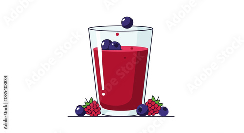A refreshing glass of mixed berry juice with fresh blueberries falling in.