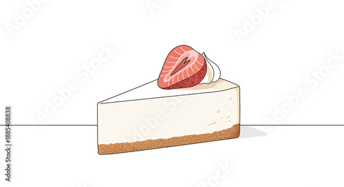 Delicious strawberry cheesecake slice illustration with whipped cream.