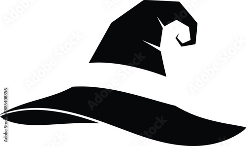 Curved witch hat silhouette vector illustration, spooky Halloween magic costume accessory icon, wizard headwear design, isolated minimalist black graphic, flat fantasy style