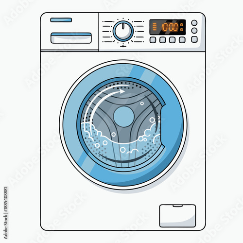 Vector illustration of a modern washing machine with blue accents and digital display in a clean laundry room setting