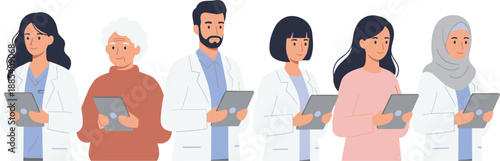 Illustration of diverse healthcare professionals using digital tablets, highlighting inclusive medical teamwork, modern technology, and collaborative clinical practice