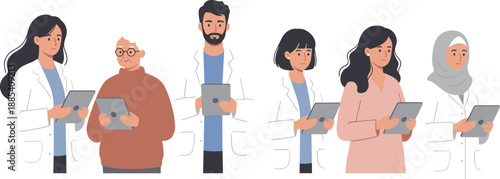 Illustration of diverse healthcare professionals using digital tablets, showcasing teamwork, modern medical technology, and inclusive clinical workforce in hospital settings