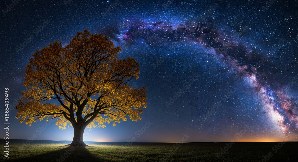Fototapeta premium Night scene with a large golden tree and a colorful milky way above it, representing peace, tranquility, and a connection with nature and cosmos