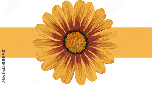 A vibrant, close-up illustration of a bright yellow and red flower against a warm orange backdrop