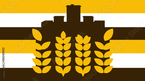 Abstract geometric artwork, wheat stalks & buildings on a banded background in gold, brown, & white