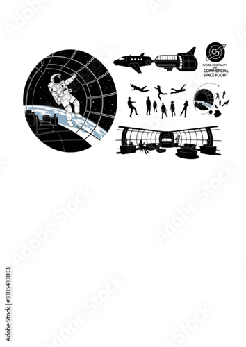 Zero Gravity Space Tourism Silhouette, Astronaut Floating in Orbital Hotel, Future Hospitality and Commercial Space Flight Vector Art
