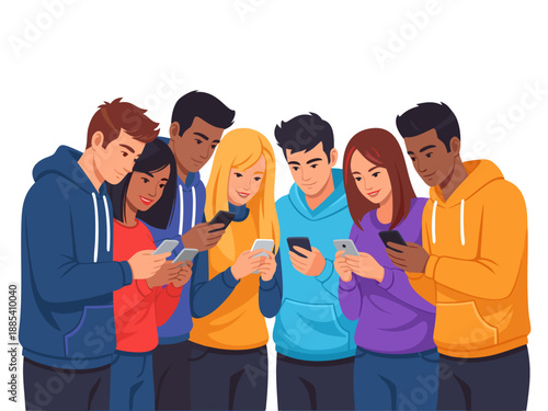 A diverse group of young people are engrossed in their smartphones, a modern vector illustration