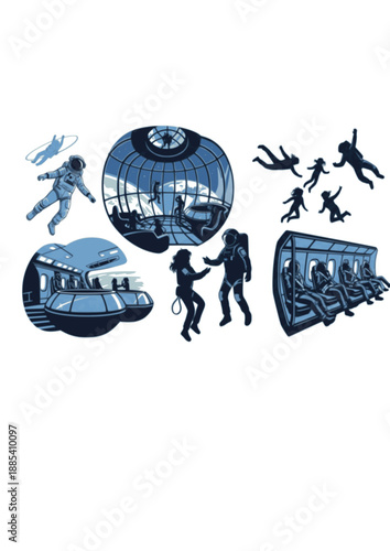 Zero Gravity Space Tourism Silhouette, Astronaut Floating in Orbital Hotel, Future Hospitality and Commercial Space Flight Vector Art