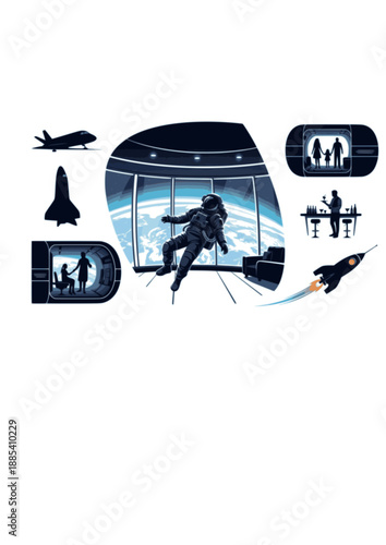 Zero Gravity Space Tourism Silhouette, Astronaut Floating in Orbital Hotel, Future Hospitality and Commercial Space Flight Vector Art