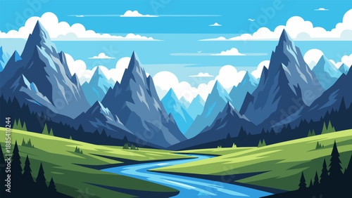 Vibrant Mountain Landscape Vector Illustration with a Winding River and Lush Green Valleys