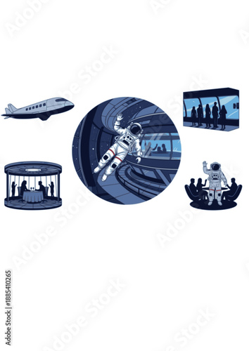 Zero Gravity Space Tourism Silhouette, Astronaut Floating in Orbital Hotel, Future Hospitality and Commercial Space Flight Vector Art