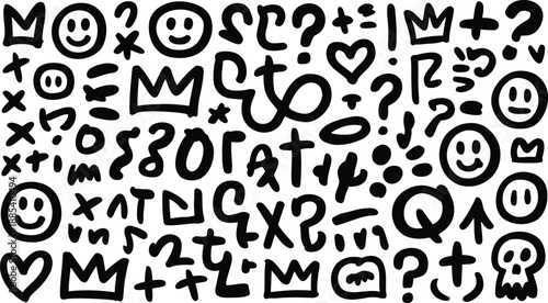 Chaotic collection of hand-drawn black doodles including smiley faces, crowns, and question marks