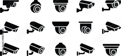 A varied collection of black silhouette security camera icons in different shapes and styles