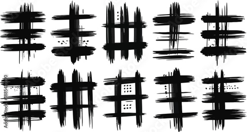 set of silhouette of japanese pagoda , brush strokes, hash, hashtag, grid, pattern