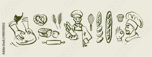 Doodle baking set with chef, ingredients and tools in sketch style. Vintage culinary process, cozy kitchen, bakery branding. Hand drawn vector illustration