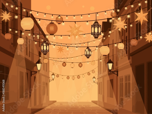 Street decorated with festive lights and lanterns.