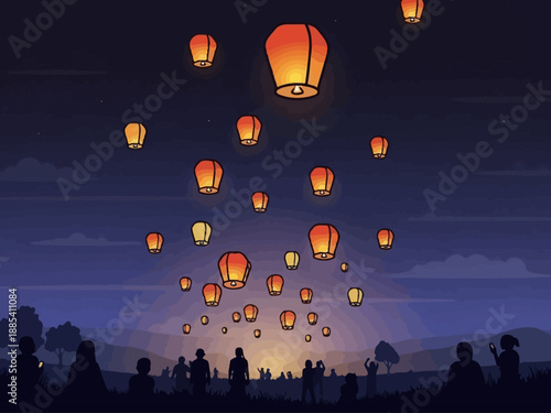 Sky lanterns glowing in the night sky during a festival celebration.