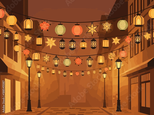 Festive Lanterns Illuminate a Charming Street Scene.