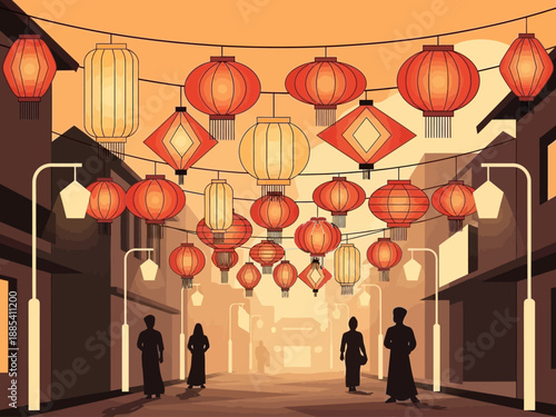 Traditional Chinese Lanterns Illuminate a Festive Street Scene.
