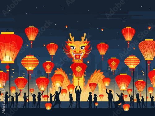 Vibrant Chinese Dragon Lantern Festival Celebration.