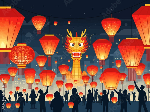 Vibrant Dragon Lantern Festival Celebration with People.