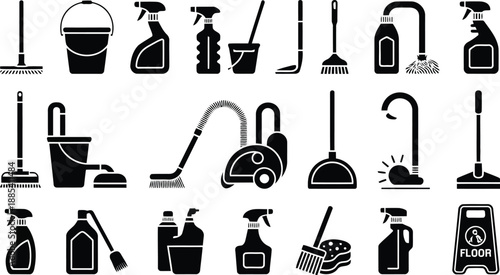 A varied set of black silhouette icons representing essential cleaning equipment on a bright white background