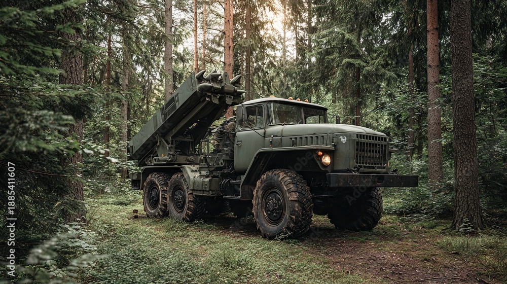 Fototapeta premium A military vehicle fitted with a missile launcher positioned in a forest, symbolizing a wartime scenario or World War setting 