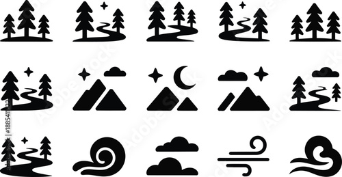 A variety of black silhouette icons showing trees, winding paths, mountains, celestial elements, and swirling wind patterns