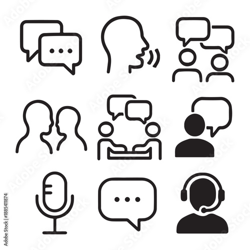 Speaking Icon Set – Dialogue, Communication, Chat, Speech and Voice Symbols Vector