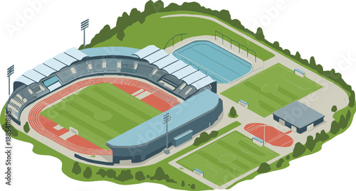 Isometric sports complex with stadium, running track, football fields, swimming pool, training facilities, outdoor athletic infrastructure illustration design vector map